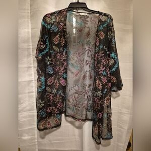 Catherines 2X Black Sheer Kimono with Purple and Gold Floral Design